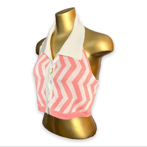 Retro Sweater Vest Halter Top Pink Chevron Soft Stretch Knit Small - Picture 5 of 7